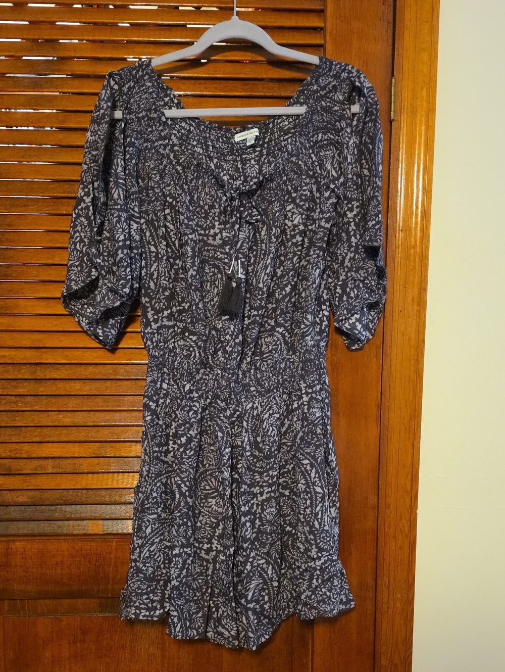 Lightweight Black Floral Print Women's Dress with Tassel Tie